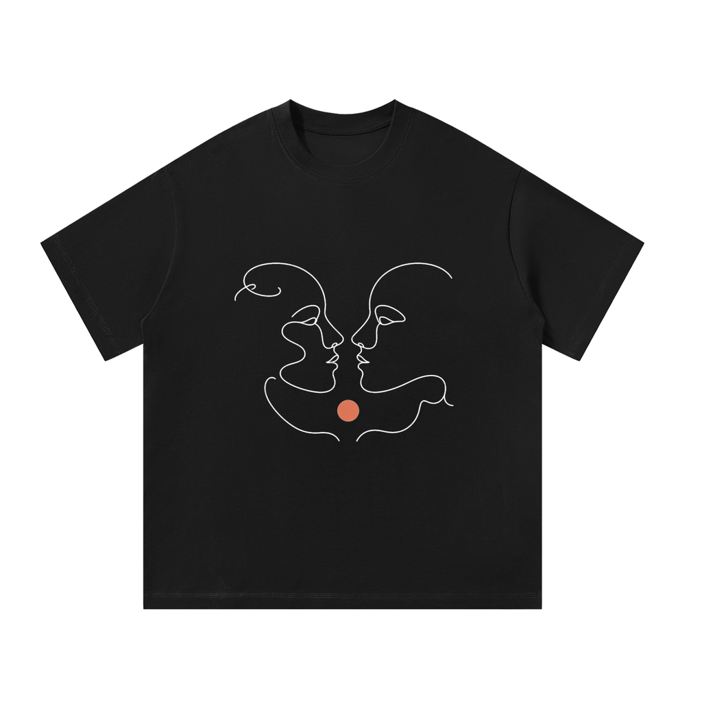 Two Faces Line Art Oversized Tee - Black